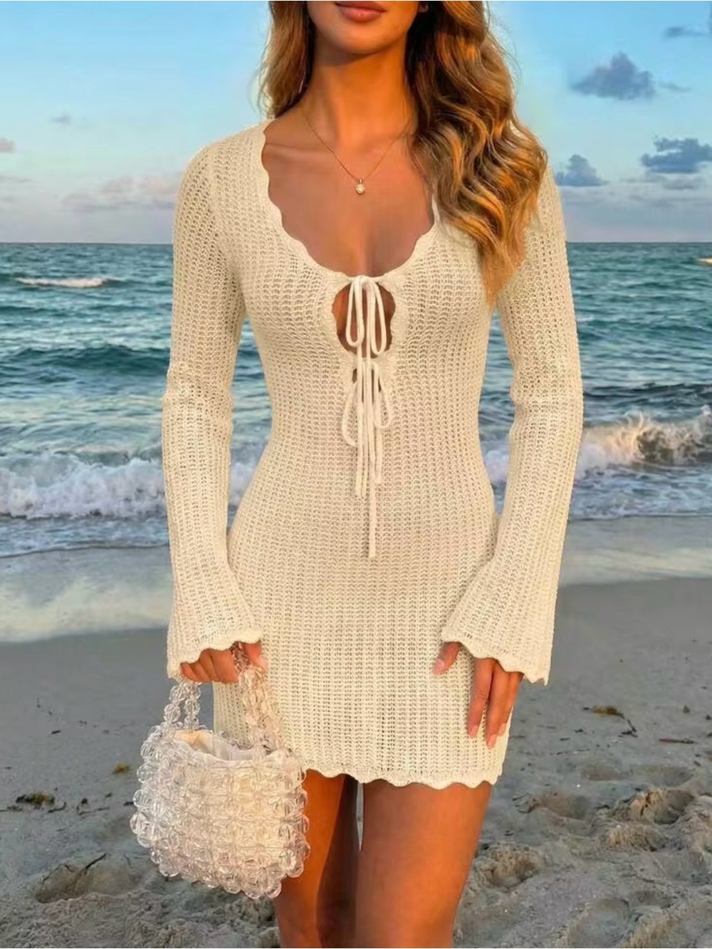 Women’s Cream Crochet Tie-Front Beach Cover-Up Dress